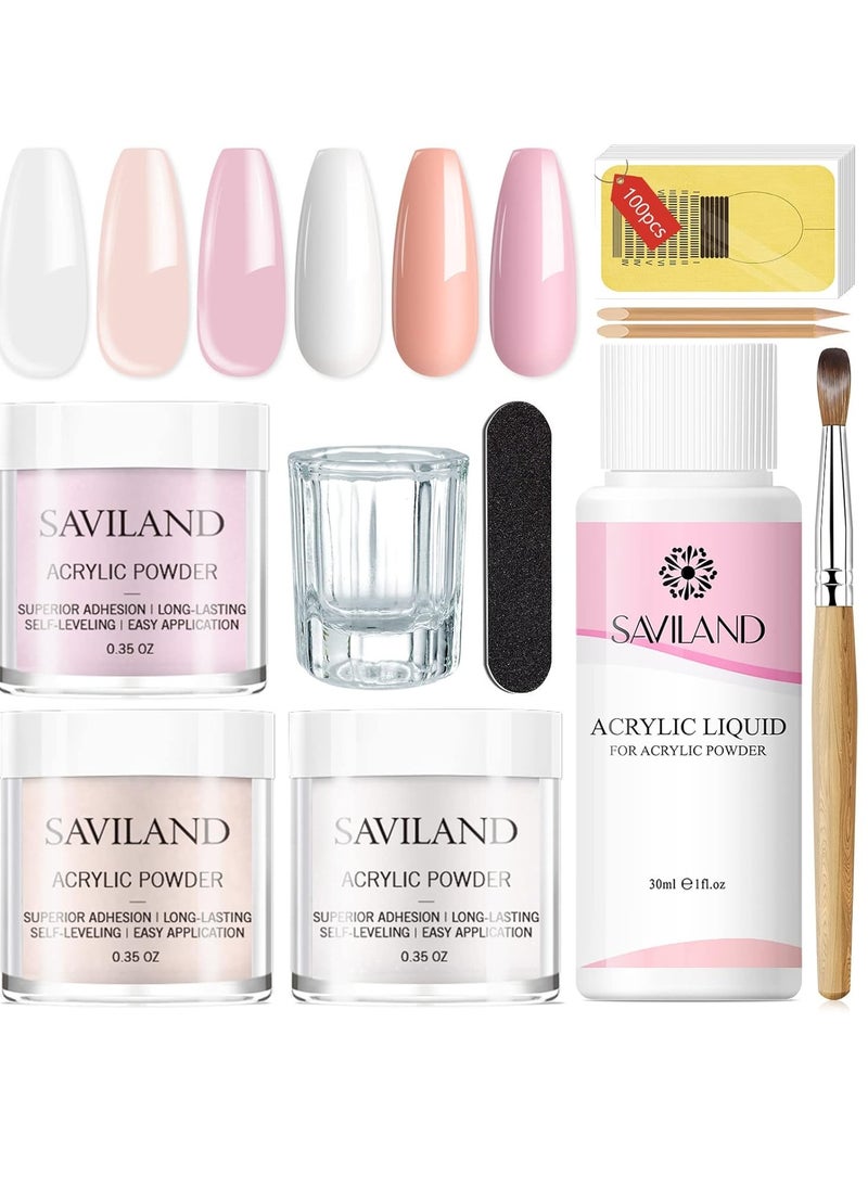 Saviland Acrylic Nail Kit Starter: Clear Pink Nude Acrylic Nail Kit Acrylic Powder & Monomer Acrylic Nail Liquid Acrylic Nail Brush Nail Files Forms Press On Nails Kits Acrylic Set Home Practice