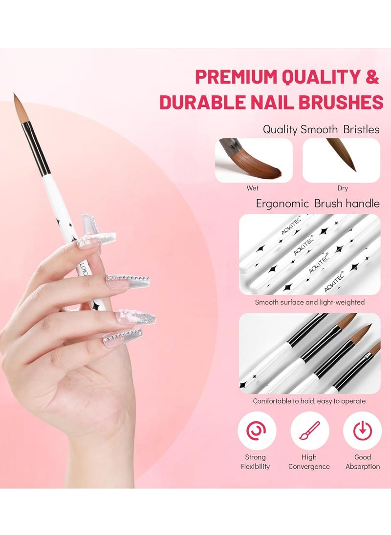 Aokitec Acrylic Nail Brush Set - 4PCS Kolinsky Acrylic Nail Brushes Size 8/10/12/14 Nail Brushes for Acrylic Powder, Acrylic Application, Nail Extension & 3D Nail Carving for Beginner & Professional