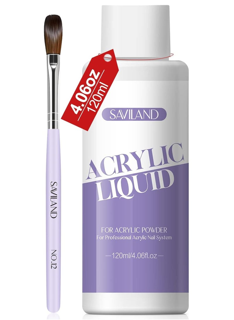 SAVILAND Monomer Acrylic Nail Liquid: 4 oz Acrylic Liquid Monomer with #12 Acrylic Nail Brush for Acrylic Powder Application, Non-Yellowing Acrylic Nail Monomer Liquid for DIY Home & Nail Salon Use