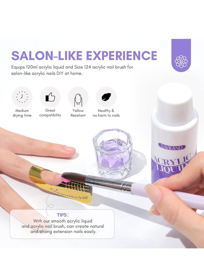 SAVILAND Monomer Acrylic Nail Liquid: 4 oz Acrylic Liquid Monomer with #12 Acrylic Nail Brush for Acrylic Powder Application, Non-Yellowing Acrylic Nail Monomer Liquid for DIY Home & Nail Salon Use