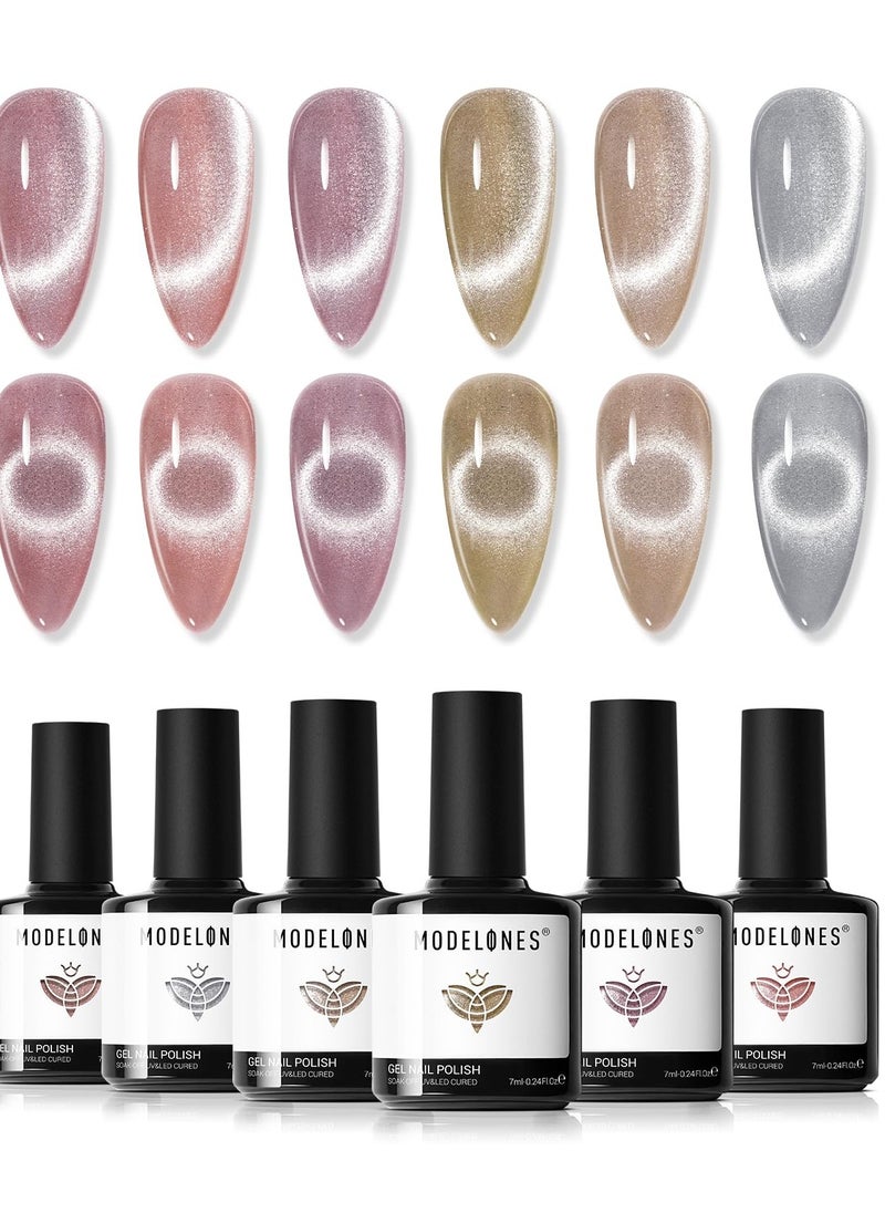 modelones Cat Eye Gel Nail Polish Set, 6 Colors Holographic 9D Cat Eye Glitter Gel Polish Semi-transparent Nude Pink Gray Brown Nail Gel Polish with Magnet Soak Off Led Nail Art Gel DIY Salon Gift