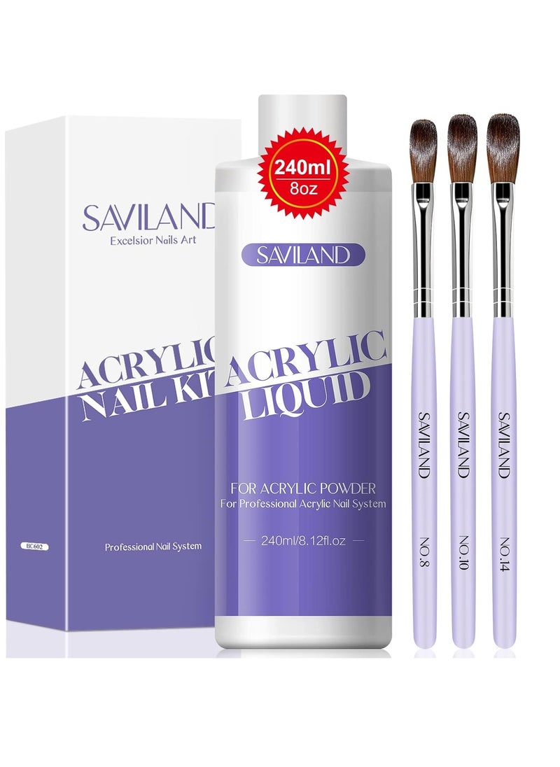 Saviland Monomer Acrylic Nail Liquid – 8.11fl.oz Acrylic Liquid with 3PCS Acrylic Brushes Size（8/10/14）for Acrylic Powders, Non-Yellowing Acrylic Nail Liquid for DIY Home Nail Salon Use