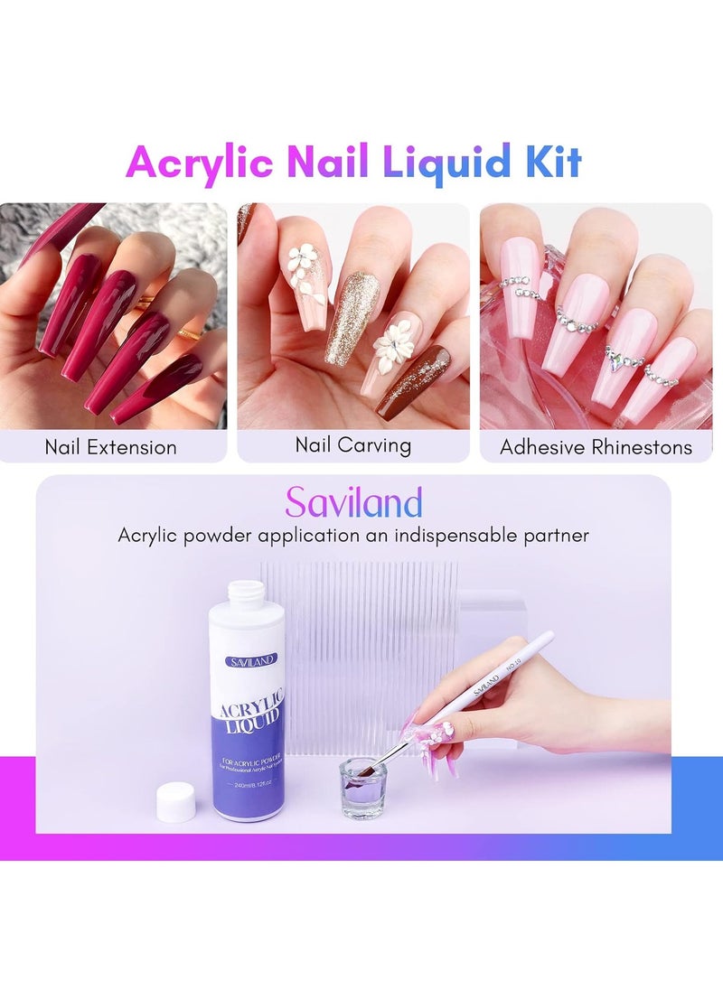 Saviland Monomer Acrylic Nail Liquid – 8.11fl.oz Acrylic Liquid with 3PCS Acrylic Brushes Size（8/10/14）for Acrylic Powders, Non-Yellowing Acrylic Nail Liquid for DIY Home Nail Salon Use