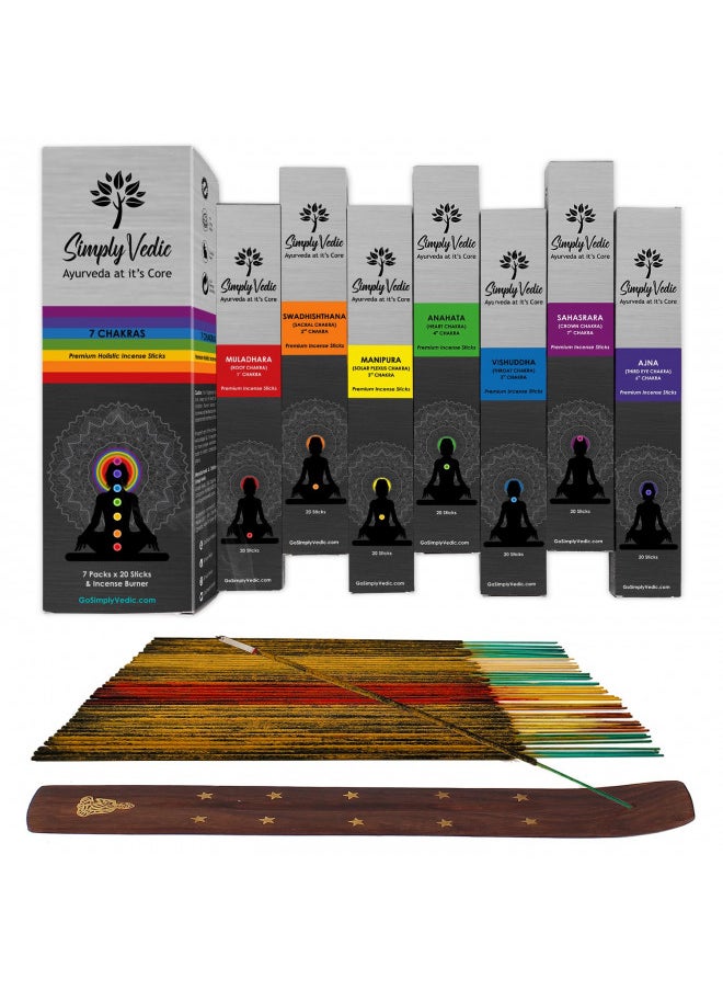 Simply Vedic 7-Chakra Premium 140 Incense Agarbatti Stick with Burner Lasting 60 Minutes Each for Meditation, Yoga, Reiki, Healing, Aromatherapy Energy Cleansing (20 Sticks x 7-Chakras)