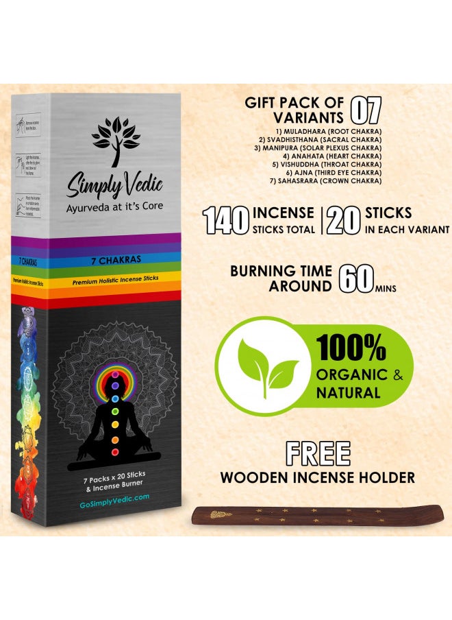 Simply Vedic 7-Chakra Premium 140 Incense Agarbatti Stick with Burner Lasting 60 Minutes Each for Meditation, Yoga, Reiki, Healing, Aromatherapy Energy Cleansing (20 Sticks x 7-Chakras)