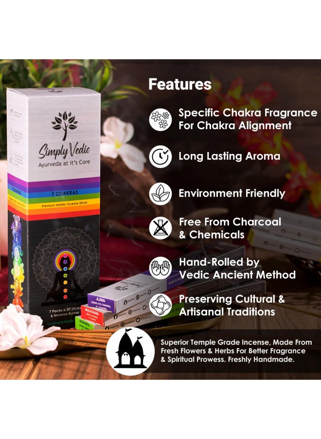 Simply Vedic 7-Chakra Premium 140 Incense Agarbatti Stick with Burner Lasting 60 Minutes Each for Meditation, Yoga, Reiki, Healing, Aromatherapy Energy Cleansing (20 Sticks x 7-Chakras)