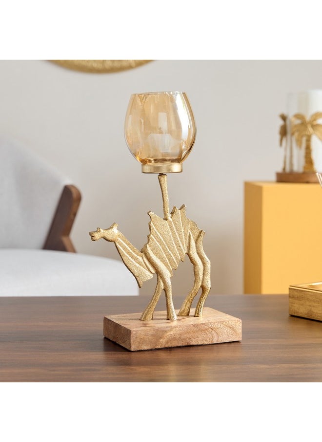 Rayon Aluminium Camel Tealight Holder with Wooden Base 19 x 10 x 32.5 cm