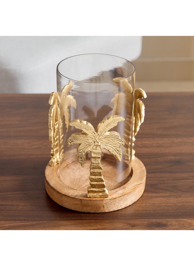 Rayon Aluminium Glass Palm Tree Candleholder with Round Wooden Base 17 x 21.5 x 17 cm