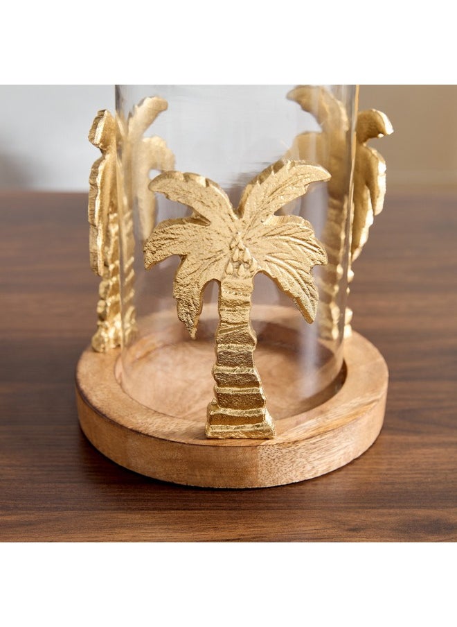 Rayon Aluminium Glass Palm Tree Candleholder with Round Wooden Base 17 x 21.5 x 17 cm