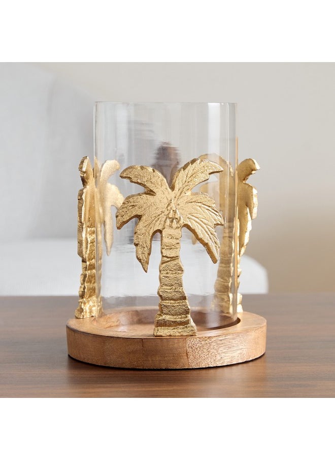 Rayon Aluminium Glass Palm Tree Candleholder with Round Wooden Base 17 x 21.5 x 17 cm