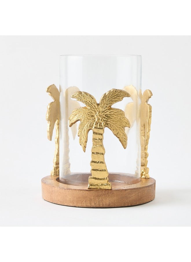 Rayon Aluminium Glass Palm Tree Candleholder with Round Wooden Base 17 x 21.5 x 17 cm