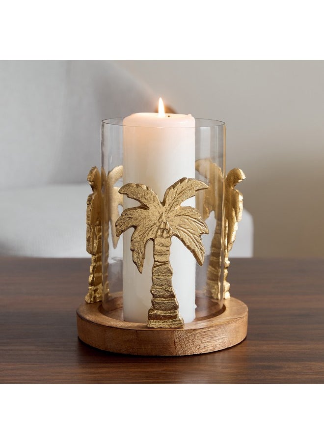 Rayon Aluminium Glass Palm Tree Candleholder with Round Wooden Base 17 x 21.5 x 17 cm