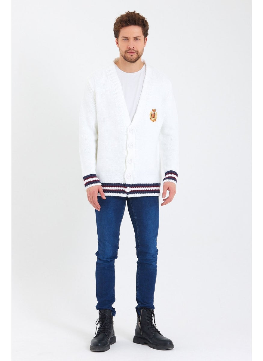 Cool Style Men's White Embroidered Buttoned Knitwear CARDIGAN-TRZ3451R01S