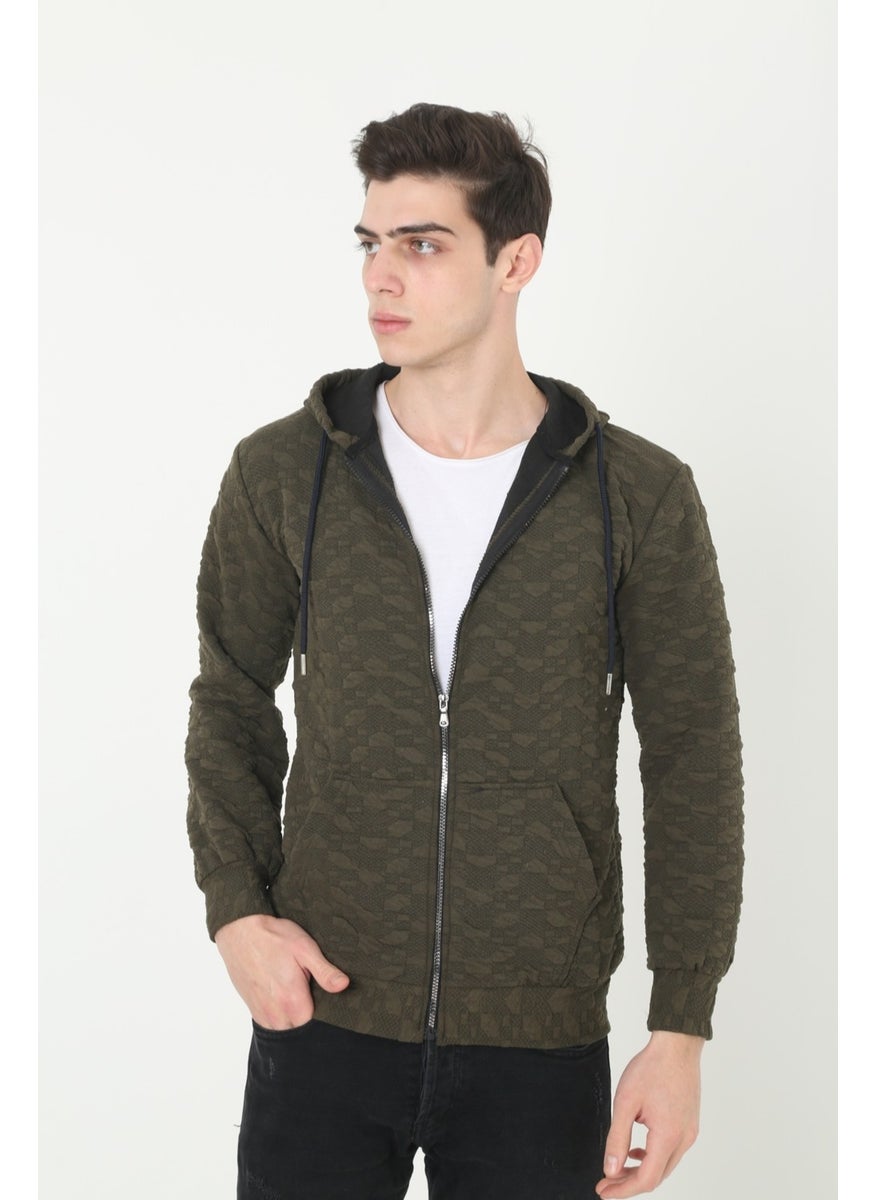 KMK Combination Men's Khaki Hooded Woven Printed Unisex Cardigan