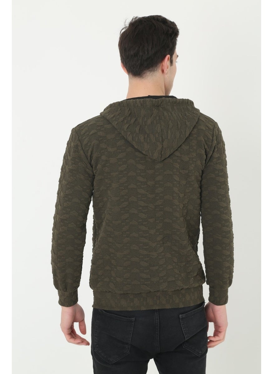 KMK Combination Men's Khaki Hooded Woven Printed Unisex Cardigan