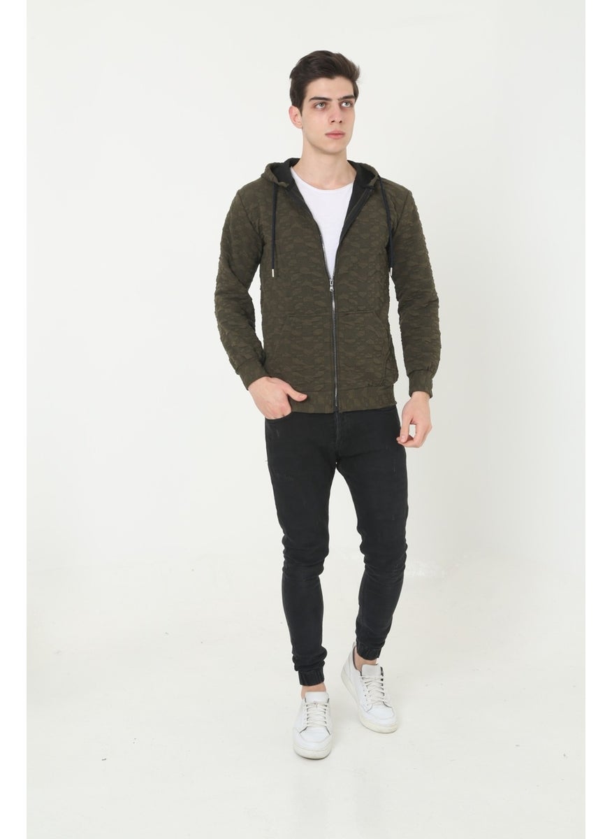 KMK Combination Men's Khaki Hooded Woven Printed Unisex Cardigan