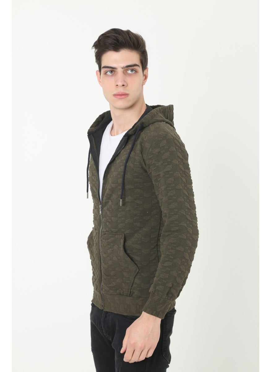 KMK Combination Men's Khaki Hooded Woven Printed Unisex Cardigan