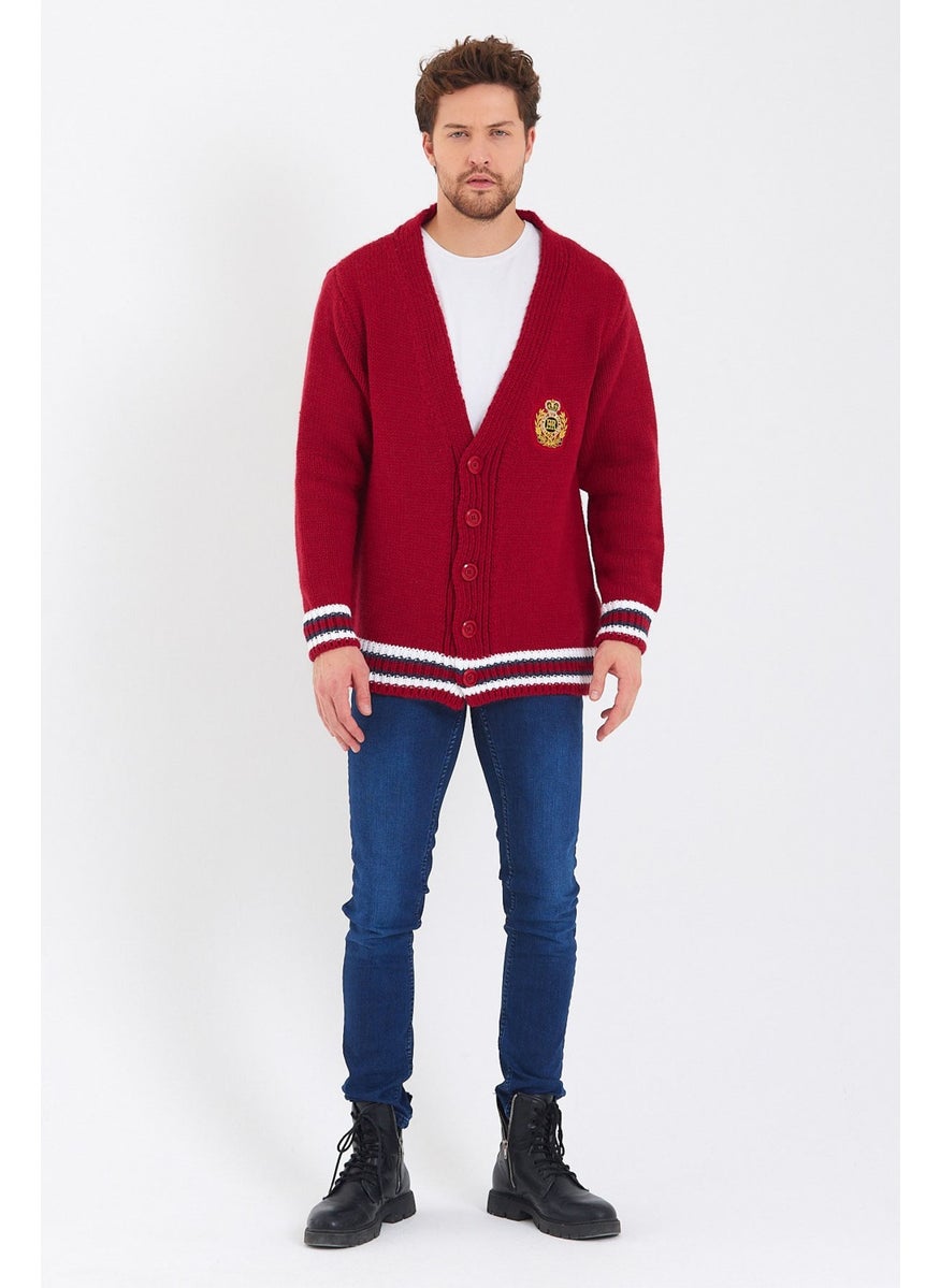 Cool Style Men's Claret Red Embroidered Buttoned Knitwear CARDIGAN-TRZ3451R02S