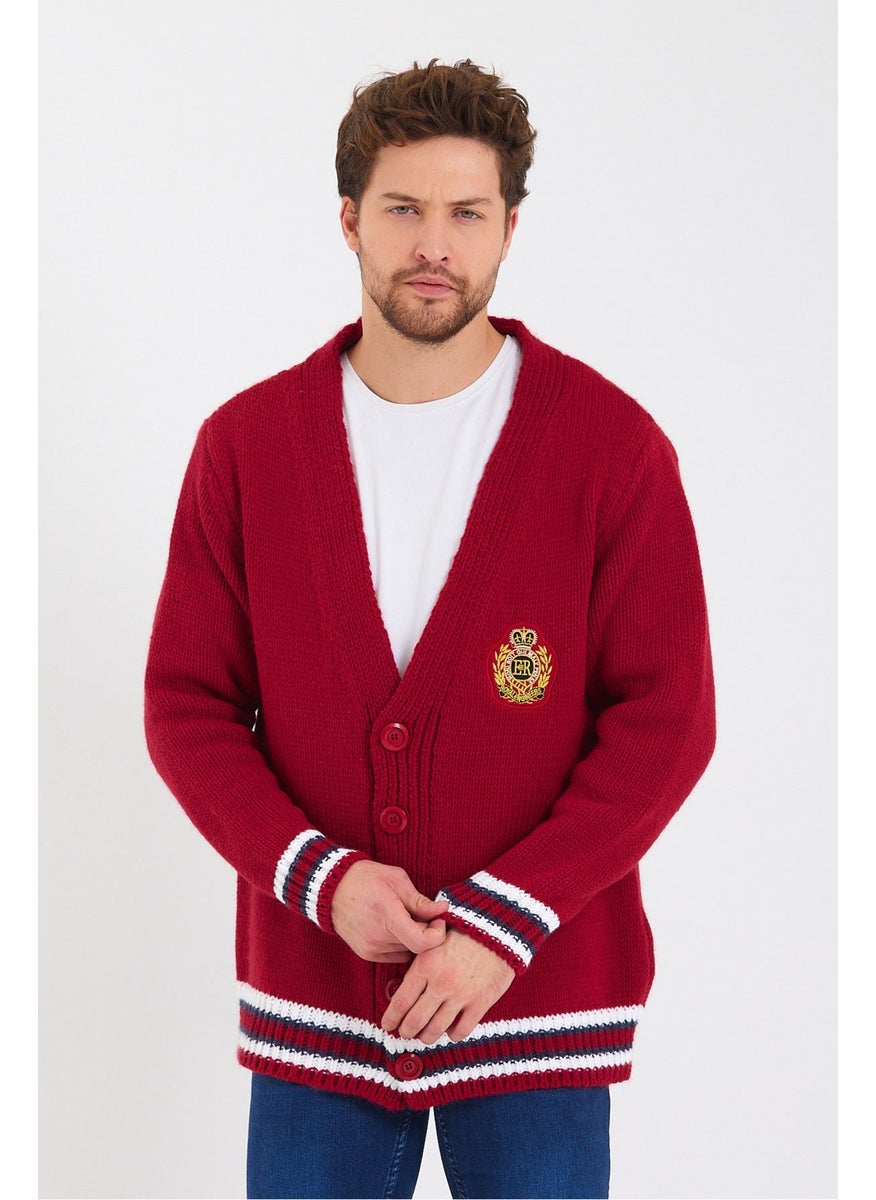 Cool Style Men's Claret Red Embroidered Buttoned Knitwear CARDIGAN-TRZ3451R02S