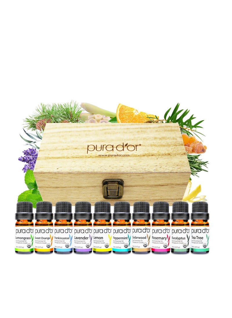 PURA D'OR ORGANIC Perfect10 Essential Oils Set - 10x 10mL Wood Box Aromatherapy Gift Set - 100% Pure Therapeutic Grade For Relaxation and Wellness (Lavender, Peppermint, Eucalyptus, Tea Tree and More)