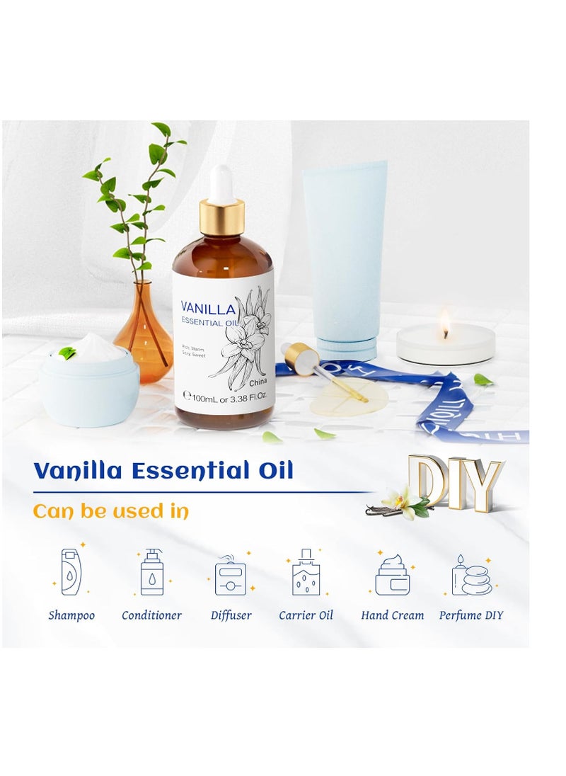 HIQILI 100ML Vanilla Essential Oil, Strong Fragrance for Body Lotion, Candle Making, Soap, Aromatherapy-3.38 Fl Oz