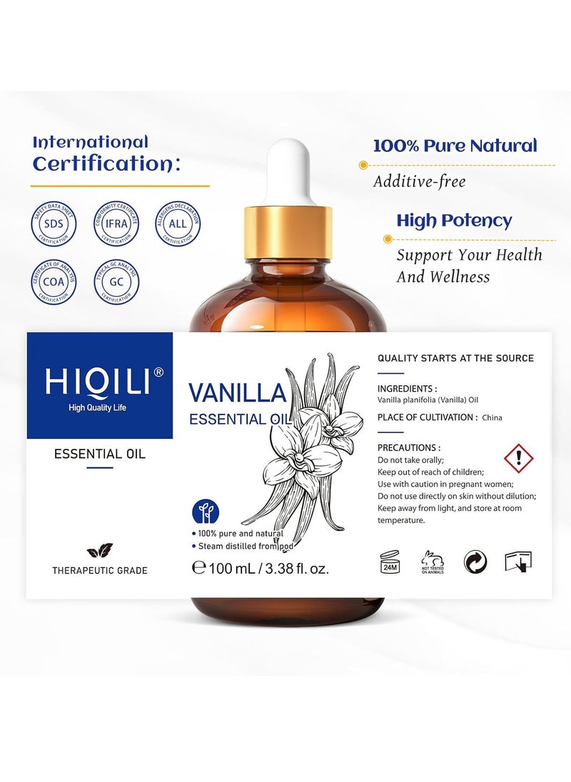 HIQILI 100ML Vanilla Essential Oil, Strong Fragrance for Body Lotion, Candle Making, Soap, Aromatherapy-3.38 Fl Oz