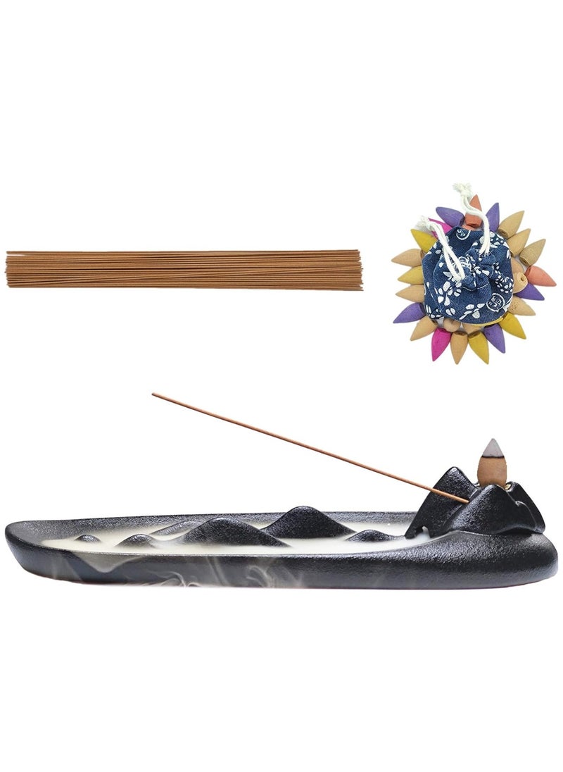 Ceramic Mountain River Handicraft Waterfall Backflow Incense Sticks Cones Holder Burner Insence Trays, Porcelain Censer Inscent Stick Stand with 30 Incense Cones + 0.7 oz Incense Sticks, Black