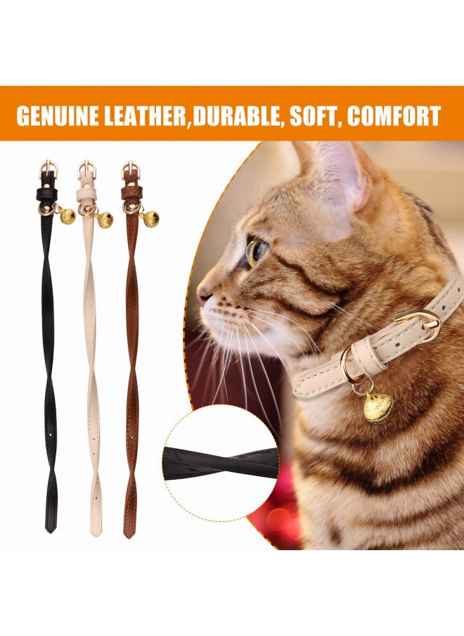 Jamktepat 3 Pack Leather Cat Collars with Bells Soft Pet Safety Collar Kitten Collars with Bell Black Chocolate Beige(S)