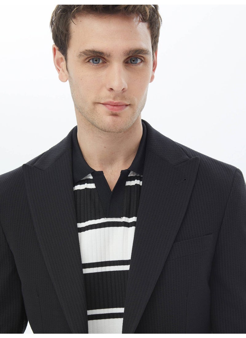 Black Striped Regular Fit Cotton Blend Jacket