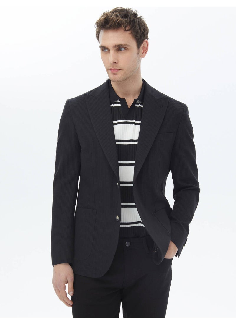 Black Striped Regular Fit Cotton Blend Jacket