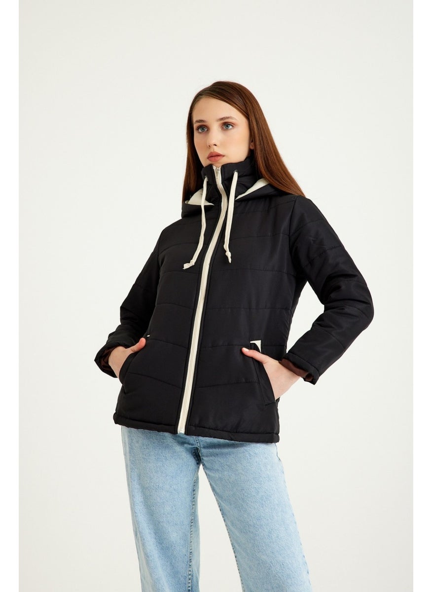 Daily Stylish Hooded Winter Women's Puffer Coat 811SIYAH10