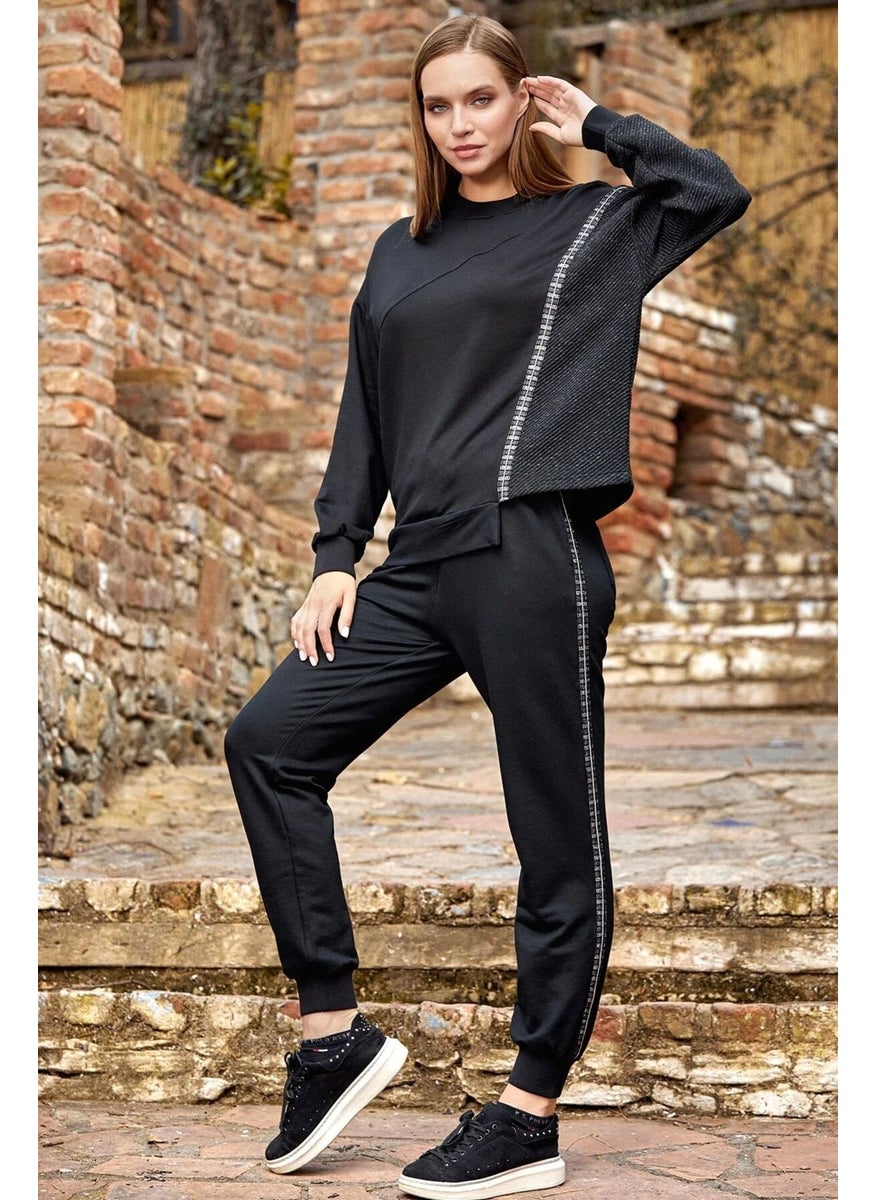 24241 Women's Long Sleeve Asymmetrical Cut Sports 2-Piece Set-Black