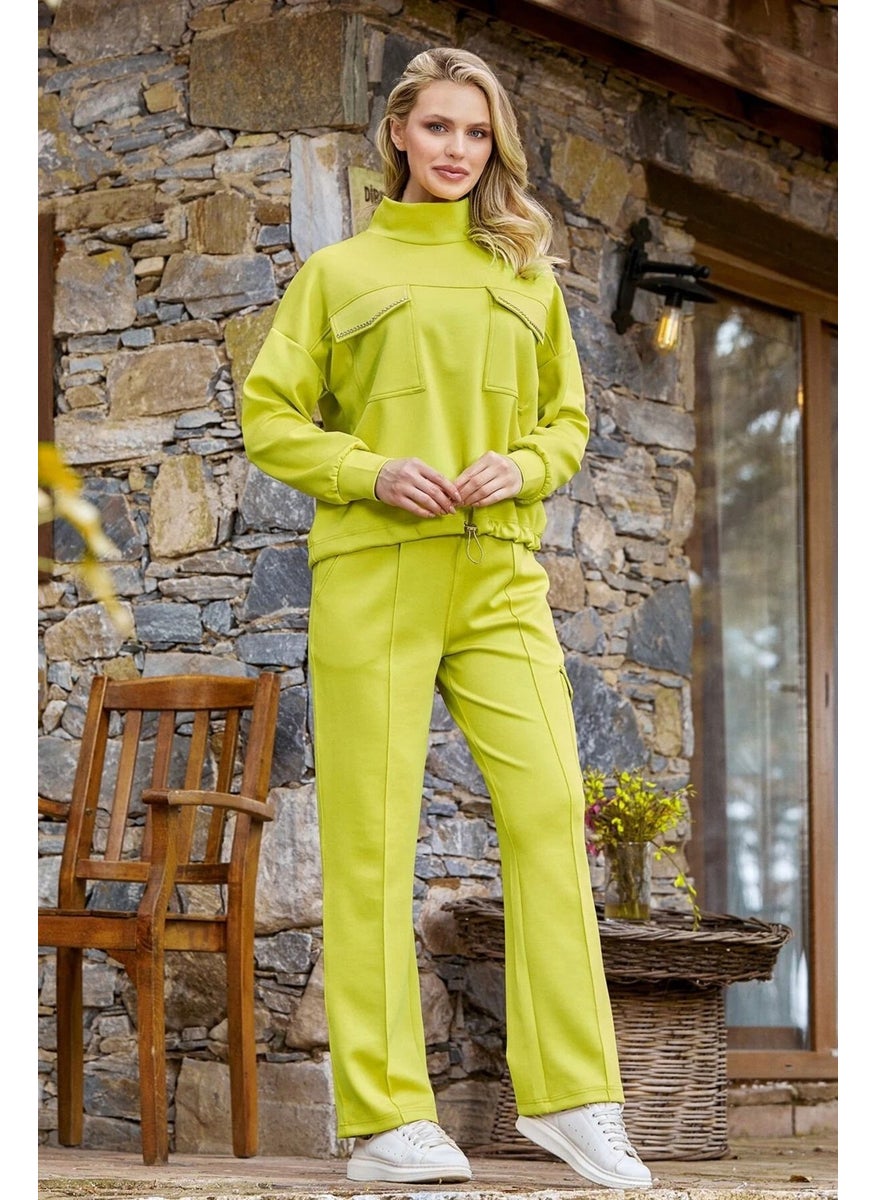 24255 Women's High Collar Tracksuit Set-Pistachio Green