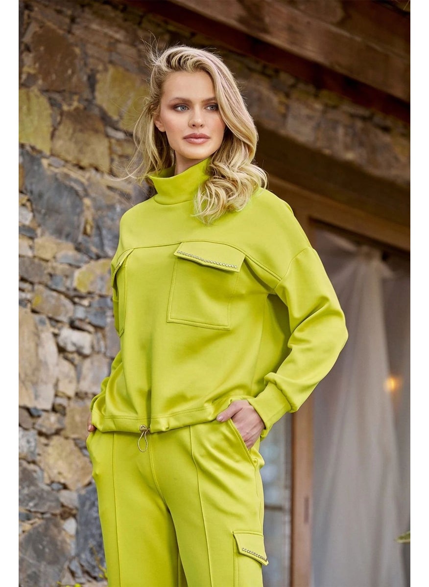 24255 Women's High Collar Tracksuit Set-Pistachio Green