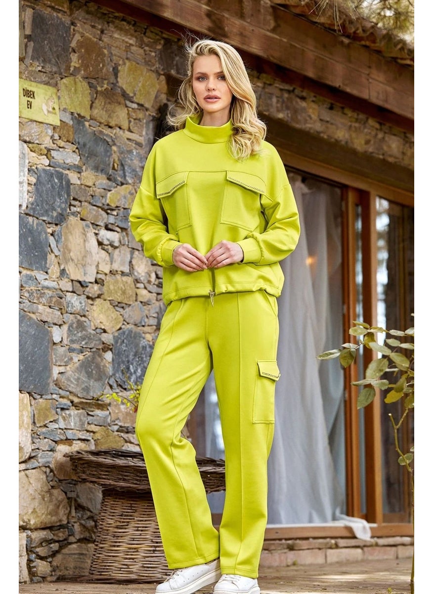 24255 Women's High Collar Tracksuit Set-Pistachio Green