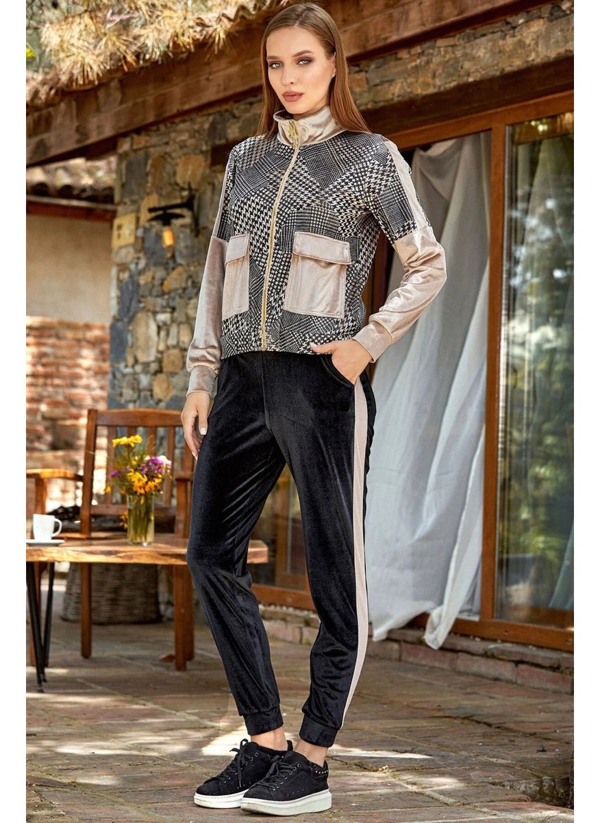 24342 Women's Long Sleeve Houndstooth Pattern Velvet Tracksuit Set-Beige