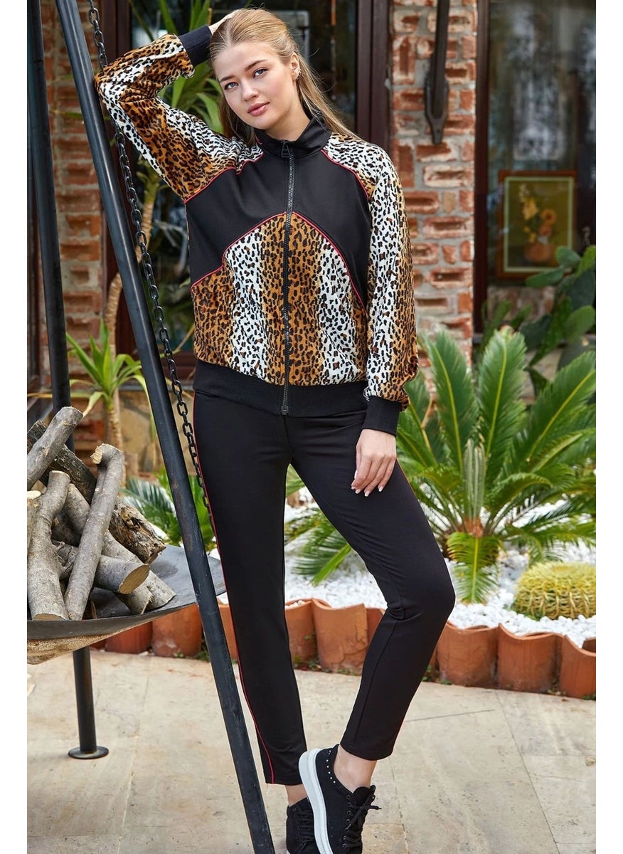 24220 Women's Long Sleeve Loepar Pattern Tracksuit - Leopard