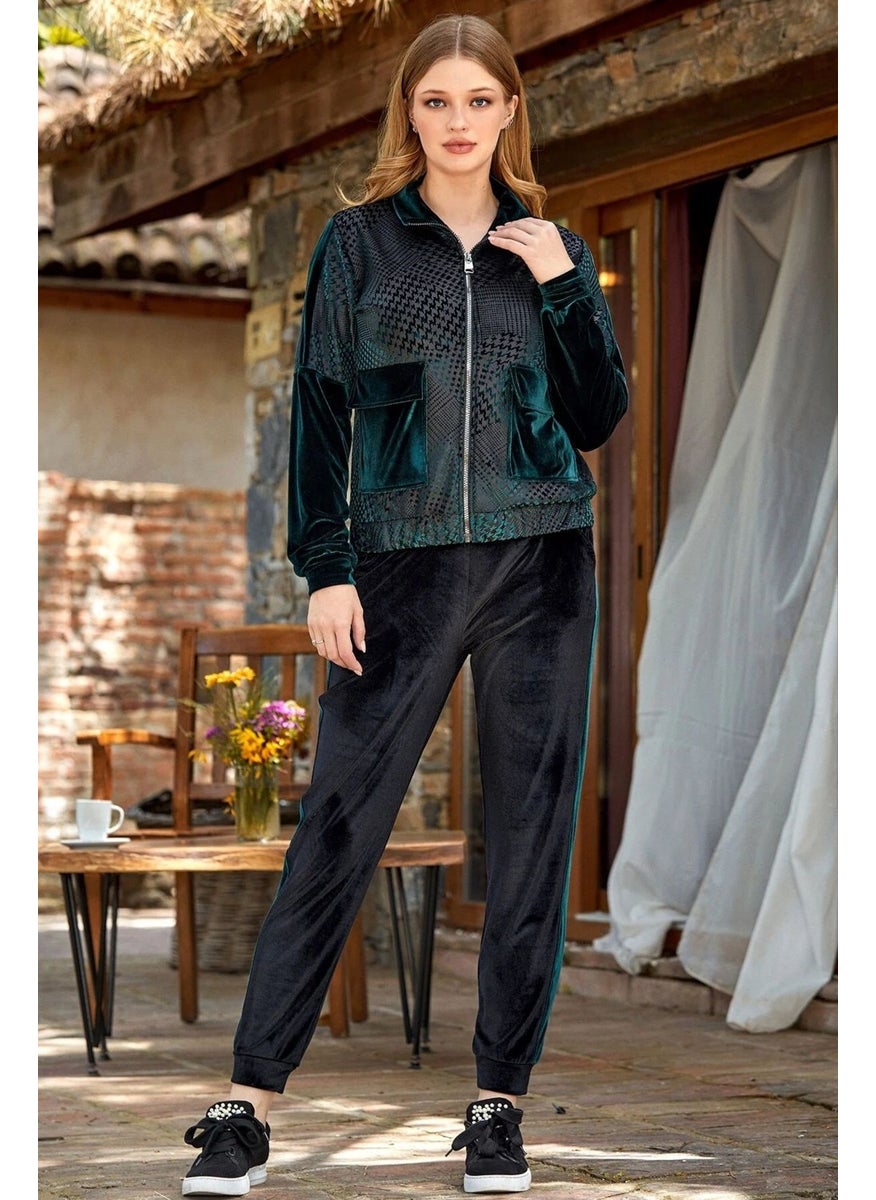 24342 Women's Long Sleeve Houndstooth Pattern Velvet Tracksuit Set - Green