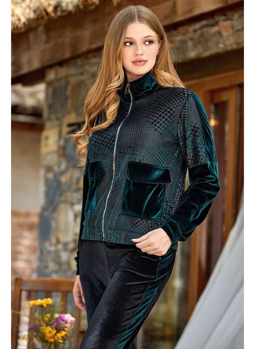 24342 Women's Long Sleeve Houndstooth Pattern Velvet Tracksuit Set - Green