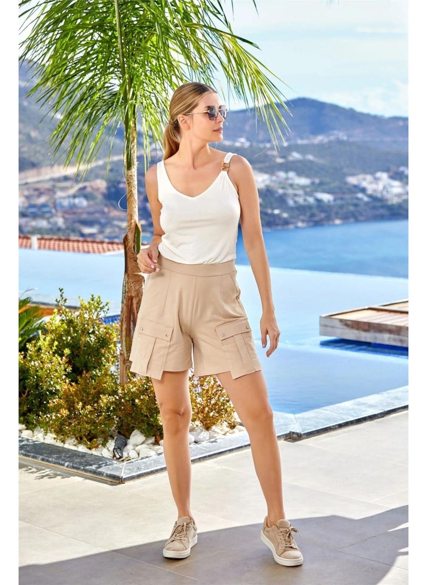 24785 Women's Thick Strap Pocket Detailed Sport Shorts Set-Cream