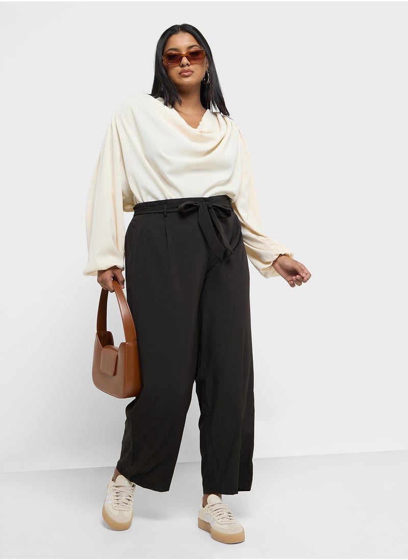 Belted Elasticised Waist Straight Fit Pants