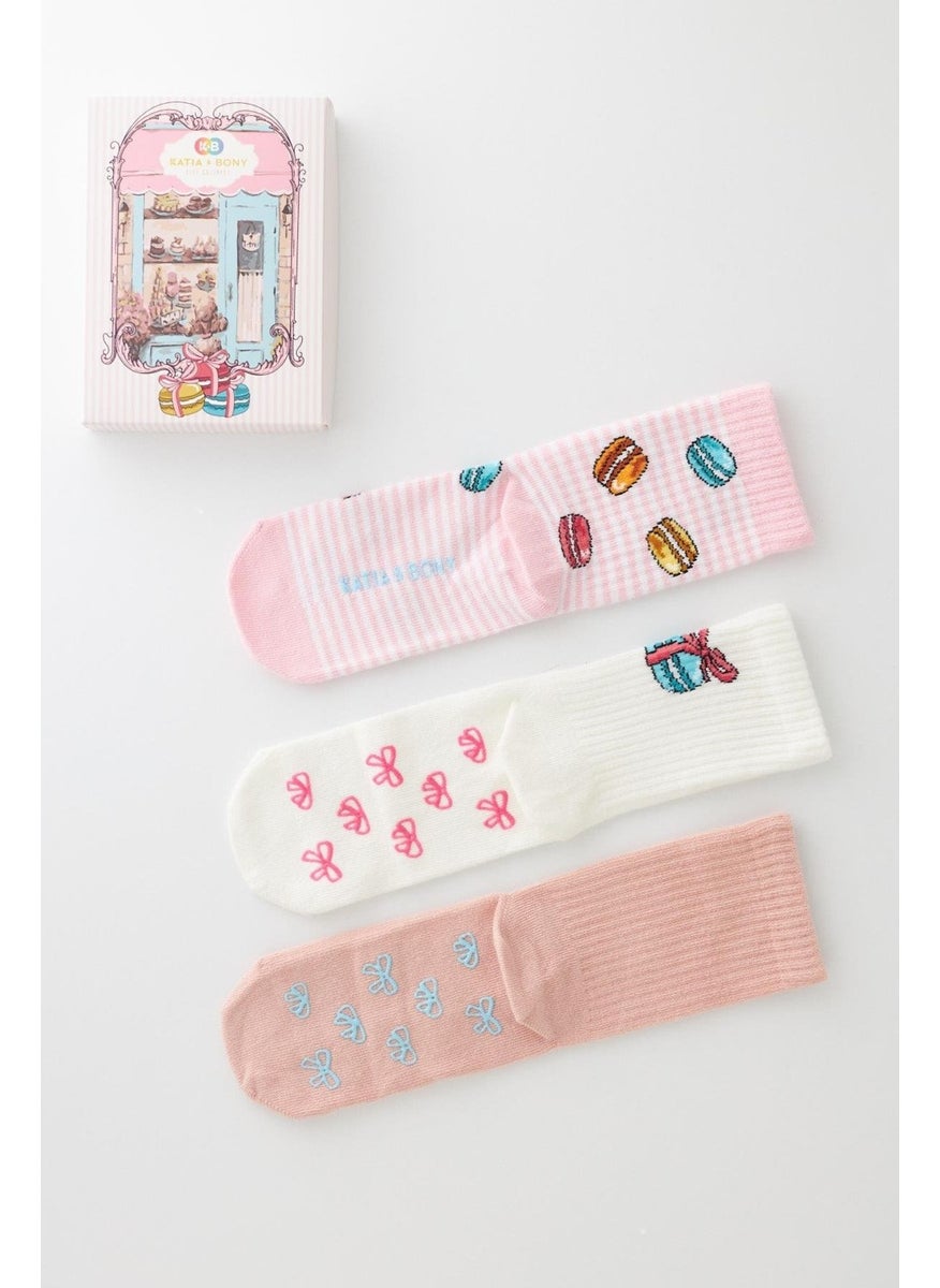 Girl's Macaron Patterned 3-Pack Boxed Socks