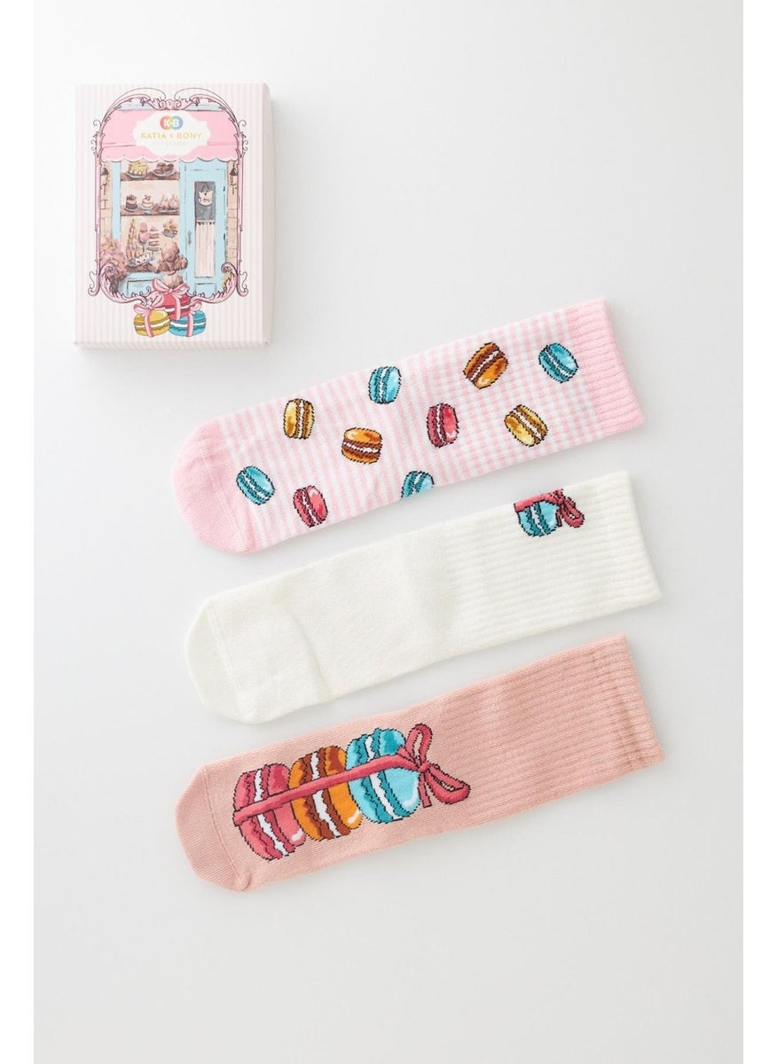 Girl's Macaron Patterned 3-Pack Boxed Socks