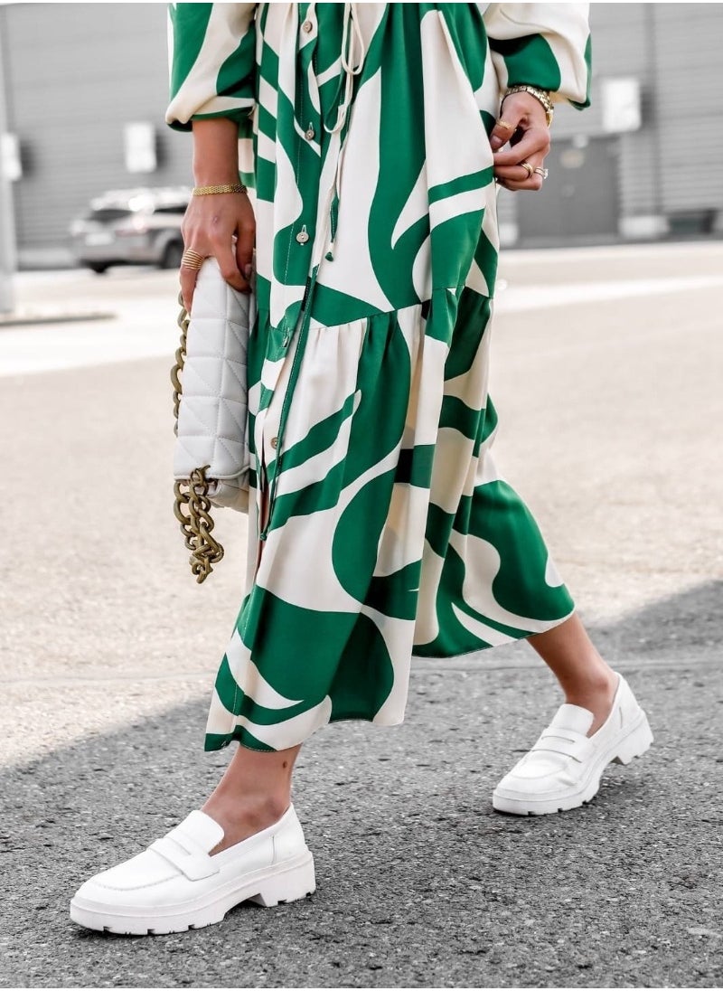 White & Green Abstract Printed Puff Sleeve Tie Up Shirt Dress