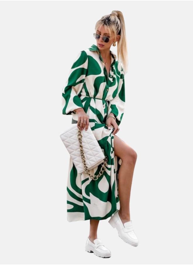 White & Green Abstract Printed Puff Sleeve Tie Up Shirt Dress