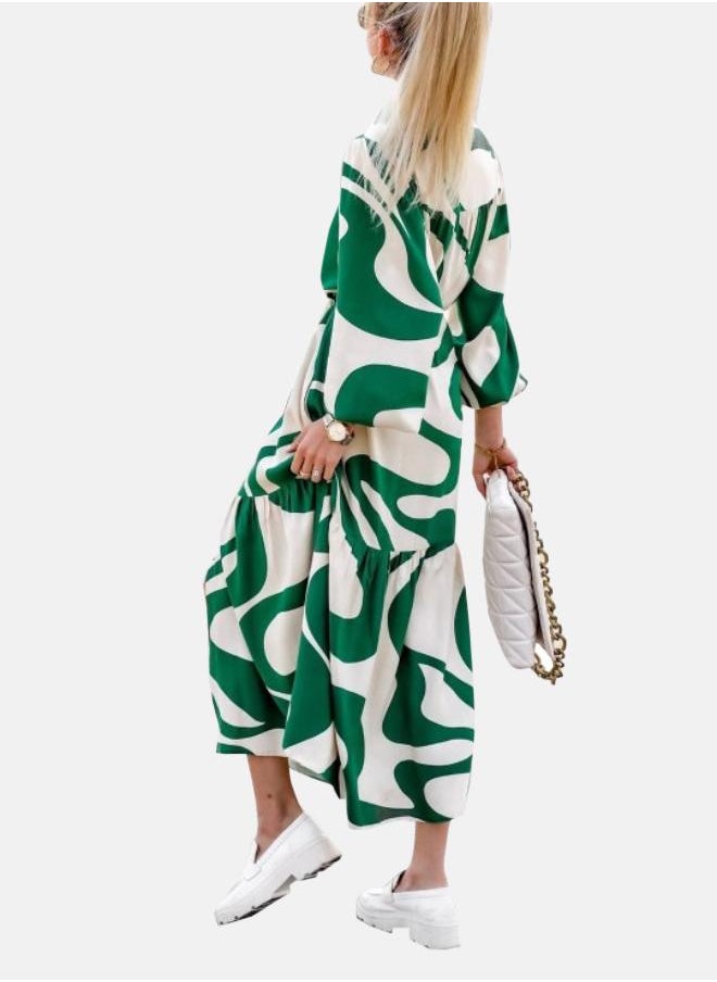 White & Green Abstract Printed Puff Sleeve Tie Up Shirt Dress