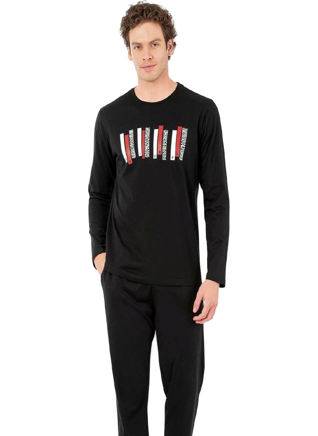 6071 Men's Black Long Sleeve Round Neck Pajama Set