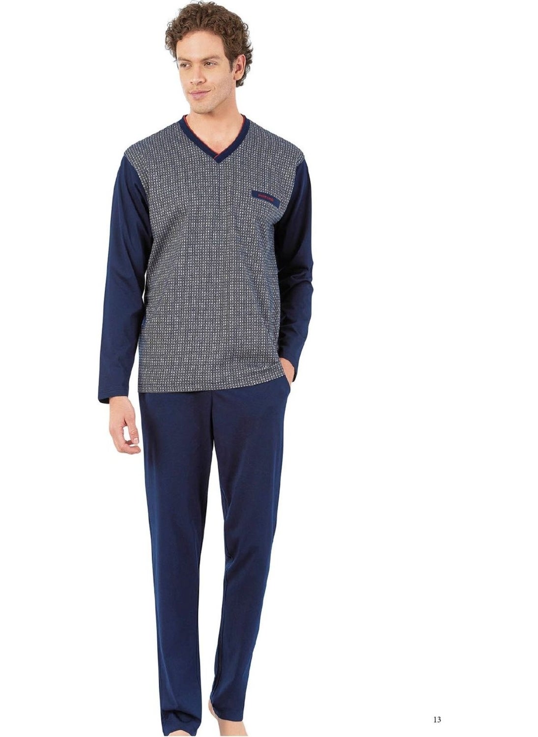 6058 Men's Navy Blue Jacquard Long Sleeve Plaid Pajama Set