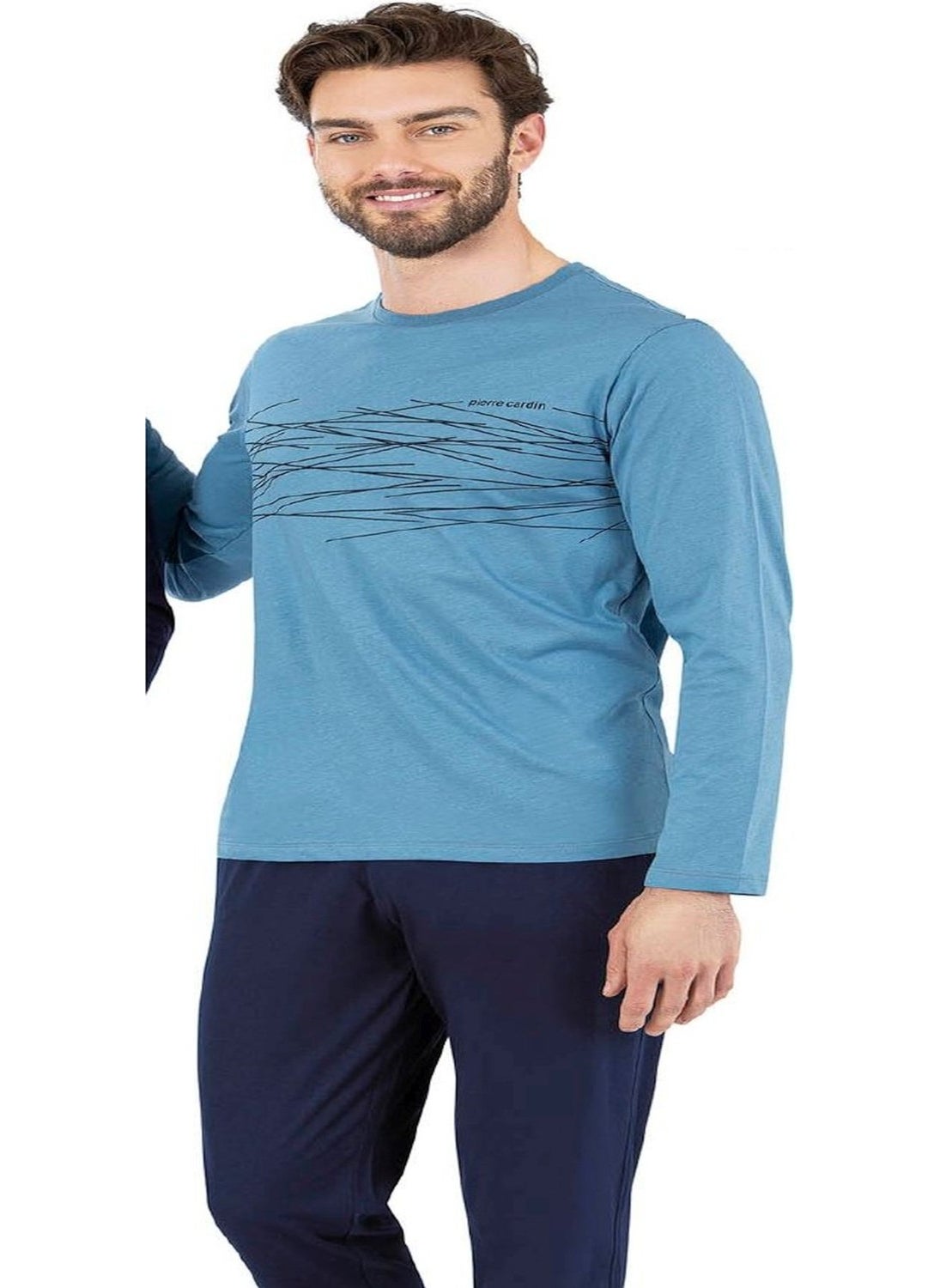 6061 Men's Blue Long Sleeve Round Neck Pajama Set