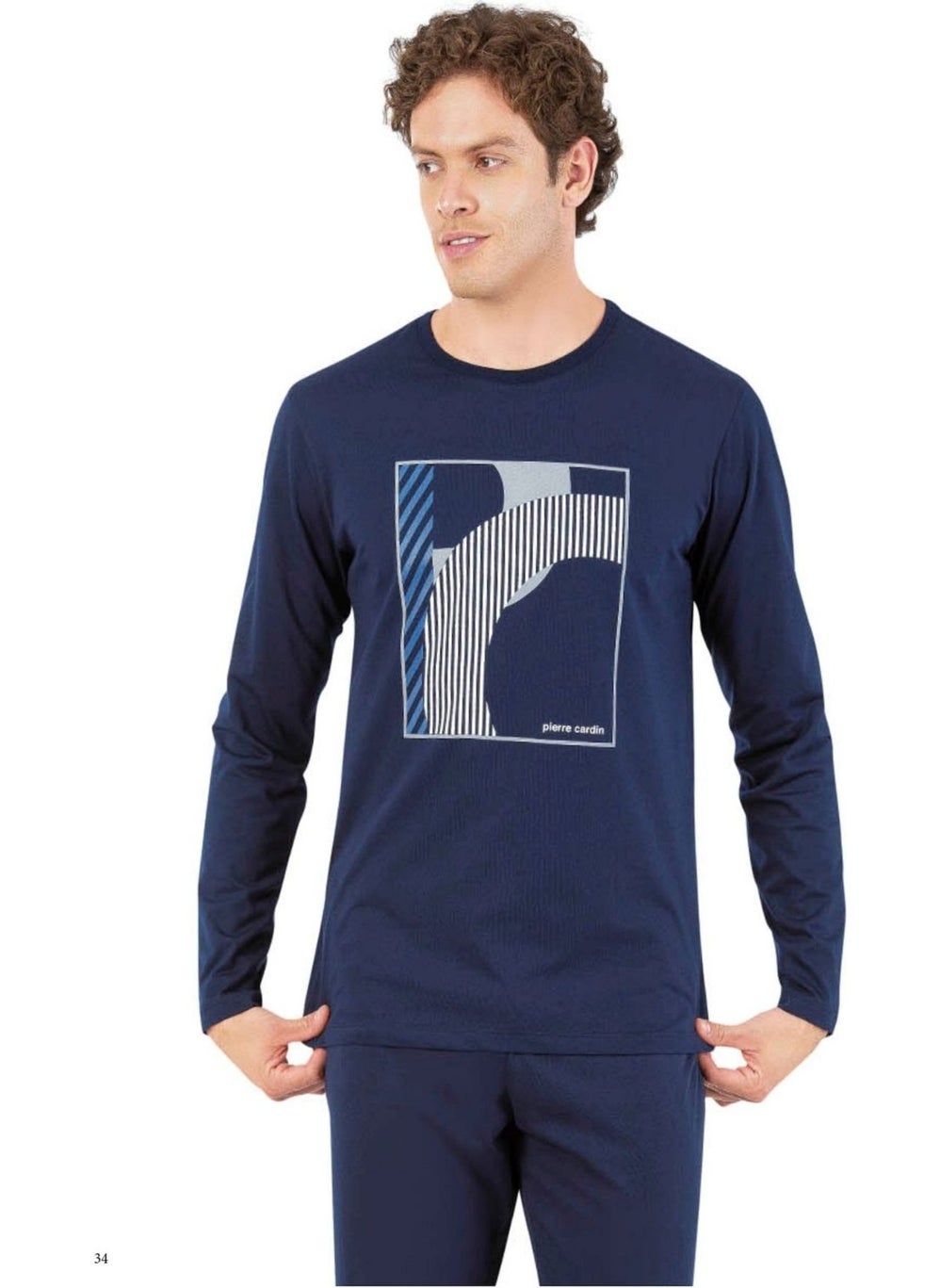 6060 Men's Navy Blue Long Sleeve Round Neck Pajama Set